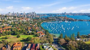 Breathtaking aerial view of Sydney with harbor, cityscape, and greenery.